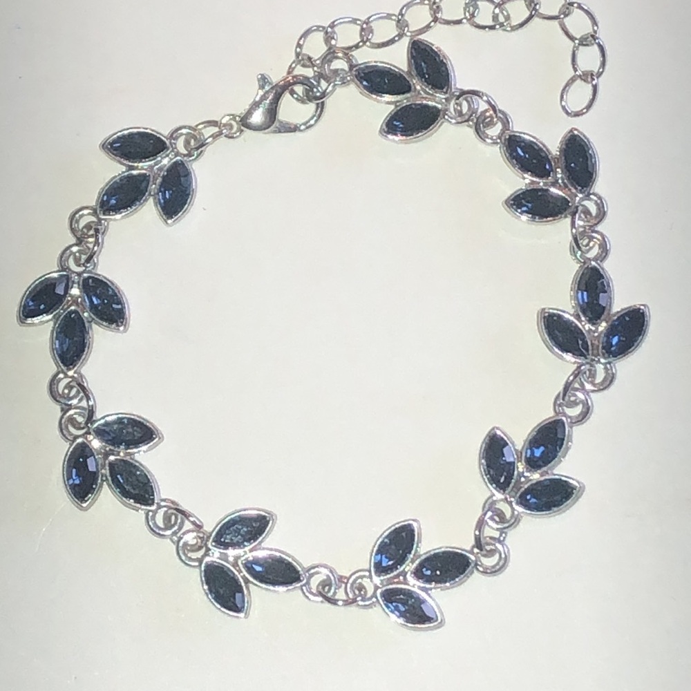 Silver Tone Leaf Bracelet with Dark Blue Stones